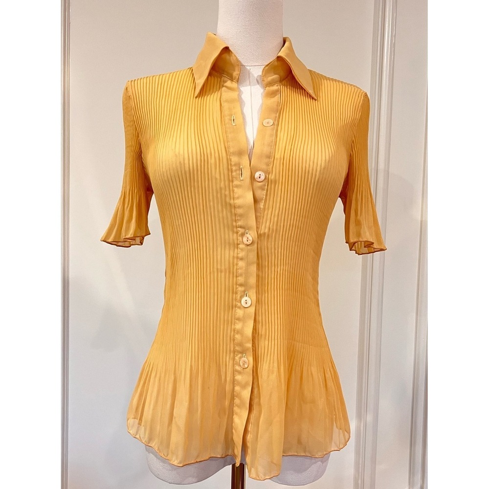 DINO Butter Yellow Sheer Pleated Blouse Bell Sleeve Dagger Collar Y2K Womens M